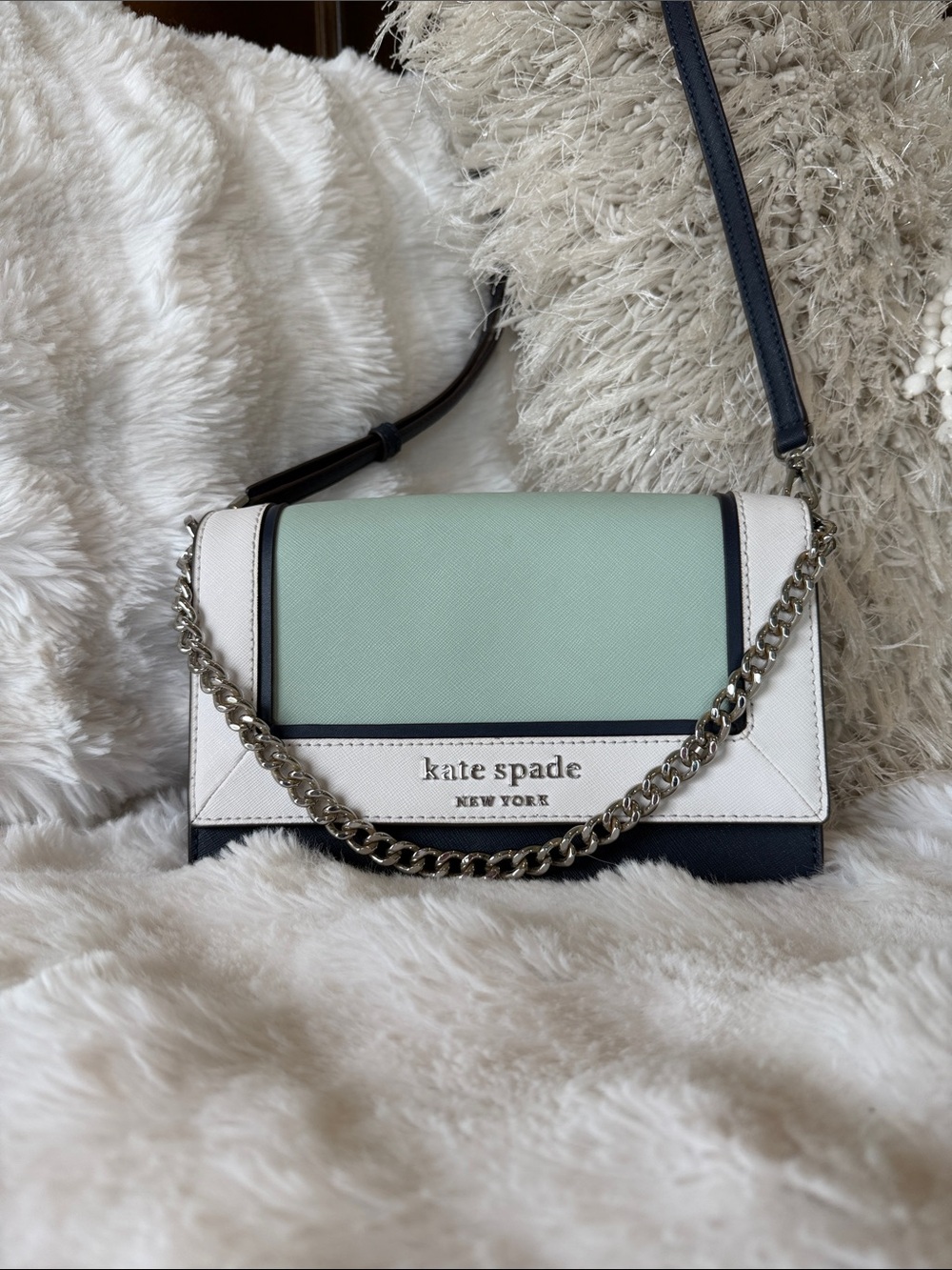 kate spade Mint, White & Navy Colorblock Crossbody with Chain